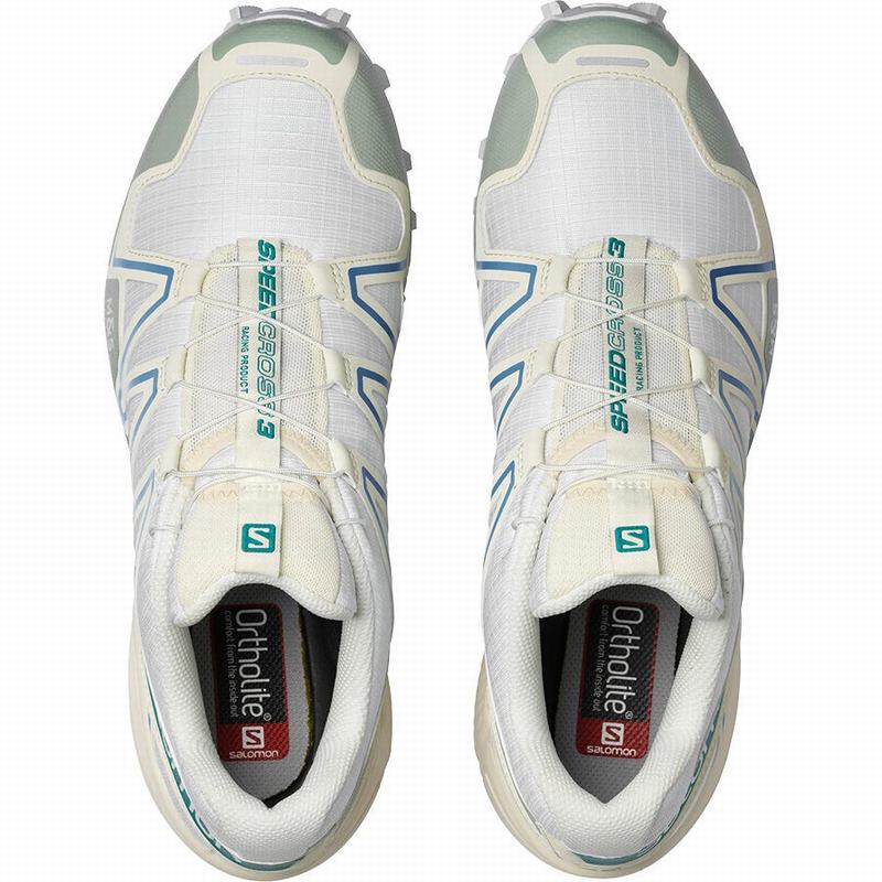 White / Light Turquoise Men's Salomon SPEEDCROSS 3 Trail Running Shoes | 209-SVHBTI