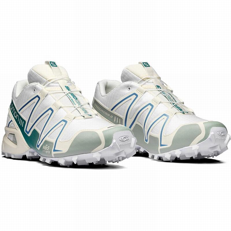 White / Light Turquoise Men's Salomon SPEEDCROSS 3 Trail Running Shoes | 209-SVHBTI