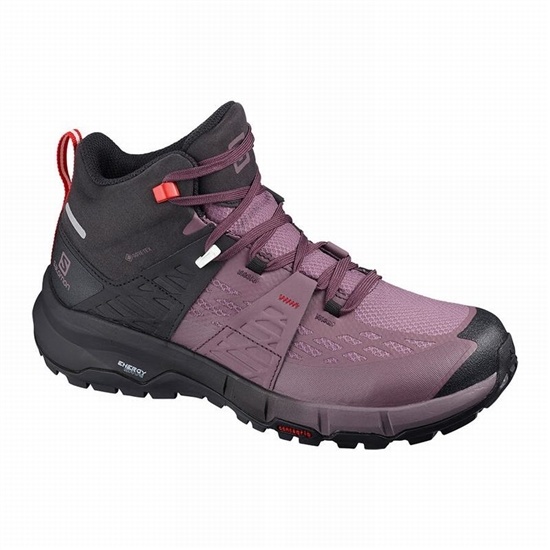 Black / Red Women's Salomon ODYSSEY MID GTX W Hiking Shoes | 856-YEHNID