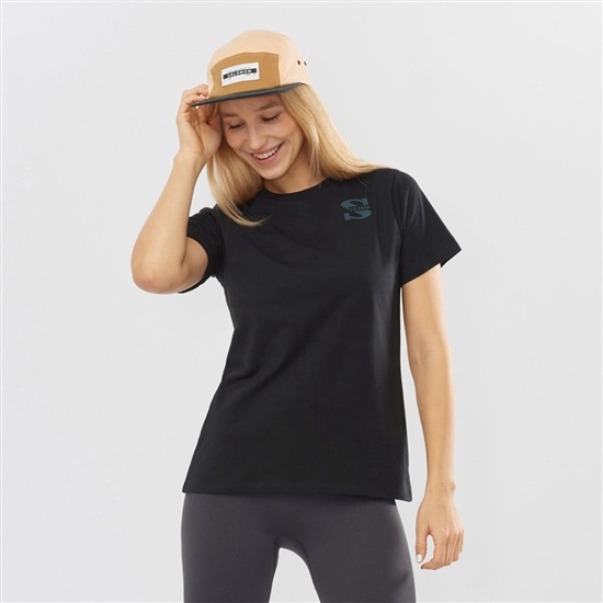 Black Women's Salomon OUTLIFE SMALL LOGO SS W Short Sleeve T Shirts | 481-YFRKCG