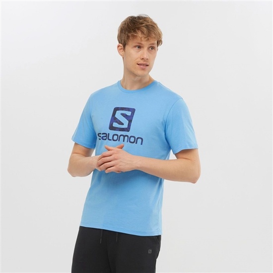 Blue Men's Salomon OUTLIFE LOGO Short Sleeve T Shirts | 714-FJSOPV