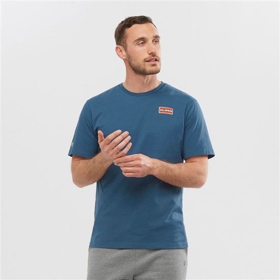 Dark Denim Men's Salomon OUTLIFE GRAPHIC HERITAGE SS M Short Sleeve T Shirts | 974-PMEWQT