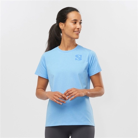 Light Blue Women's Salomon OUTLIFE SMALL LOGO SS W Short Sleeve T Shirts | 104-AOPMWZ