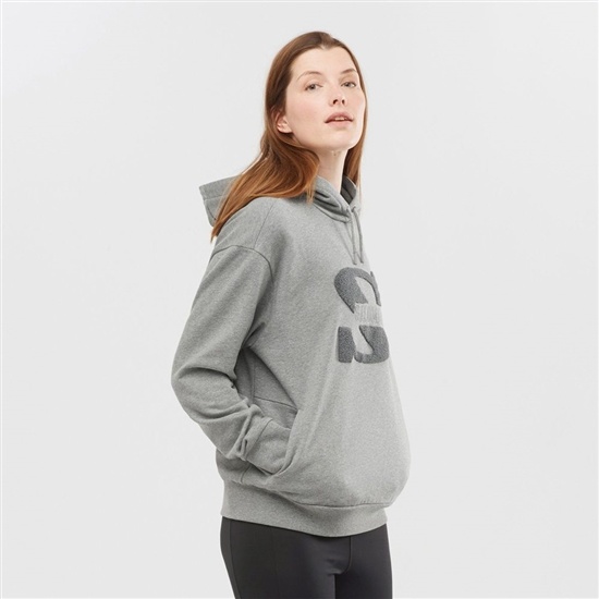 Mid Grey Women's Salomon OUTLIFE LOGO SUMMER Hooded Pullover | 925-YZQEFJ