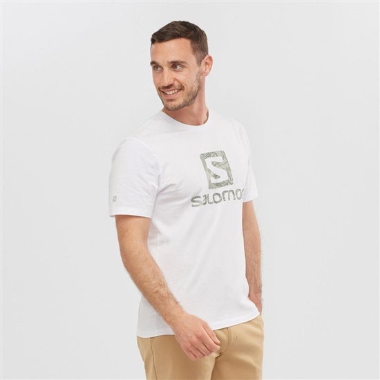 White Men's Salomon OUTLIFE LOGO Short Sleeve T Shirts | 527-EKJGDU