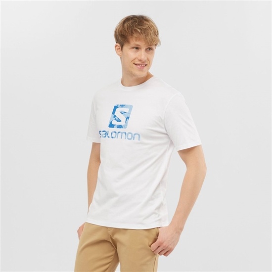 White Men's Salomon OUTLIFE LOGO Short Sleeve T Shirts | 782-PRMDGL