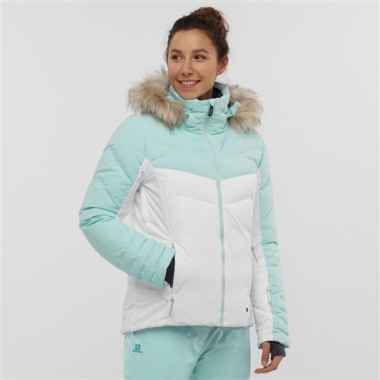 White / Mint Women's Salomon WARM AMBITION W Ski Jackets | 827-PXRLEM